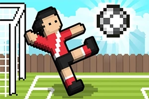 Pixelkunstbillede af en fodboldspiller, der sparker til en bold foran et mål på en solrig dag