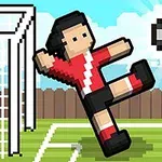 Pixelkunstbillede af en fodboldspiller, der sparker til en bold foran et mål på en solrig dag