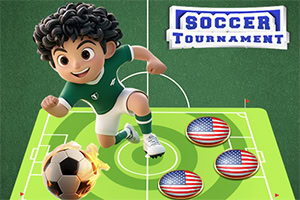 En animeret figur iført grøn fodboldtrøje sparker en fodbold på en spilleplade med amerikanske flag-brikker, og teksten Soccer Tournament vises i øverste højre hjørne