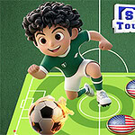 En animeret figur iført grøn fodboldtrøje sparker en fodbold på en spilleplade med amerikanske flag-brikker, og teksten Soccer Tournament vises i øverste højre hjørne
