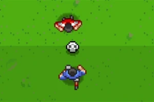 To figurer, en i rødt og en i blåt, står på en grøn bane med en fodbold imellem dem