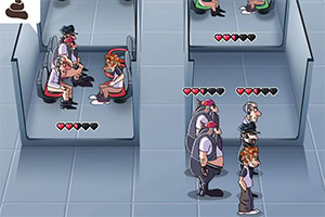 Tegneseriestil mennesker står eller sidder i båse med hjerteikoner over hovederne på grått gulv