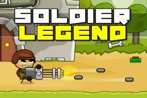 Tegneserieagtig soldat med brun hjelm skyder med en stor grå kanon foran en borg med teksten Soldier Legend øverst i billedet