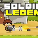 Tegneserieagtig soldat med brun hjelm skyder med en stor grå kanon foran en borg med teksten Soldier Legend øverst i billedet
