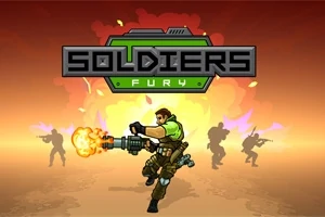 En soldat i grøn uniform med et stort skydevåben, der affyrer ild, med silhuetter af andre soldater i baggrunden og teksten Soldiers Fury øverst