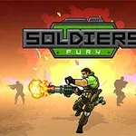 En soldat i grøn uniform med et stort skydevåben, der affyrer ild, med silhuetter af andre soldater i baggrunden og teksten Soldiers Fury øverst