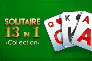 Tre spillekort med bogstaverne Q, K, og A vises over teksten Solitaire 13 in 1 Collection på en grøn baggrund
