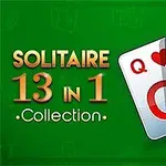 Tre spillekort med bogstaverne Q, K, og A vises over teksten Solitaire 13 in 1 Collection på en grøn baggrund