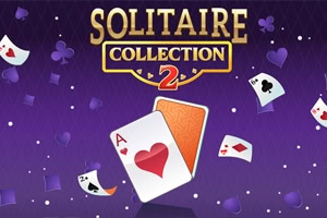 Kortspilkort med hjerte-es og orange baggrund flyver på lilla baggrund med teksten Solitaire Collection 2