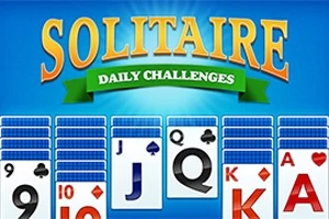 Kortspil-layout med kortnumre og symboler på en blå baggrund med teksten Solitaire Daily Challenges øverst