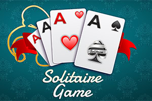 Fire spillekort med esser og symboler på en blå baggrund med rød bue og teksten Solitaire Game