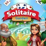 Farverige illustrationer af fire animerede karakterer foran et have-landskab med spillekort svævende i baggrunden