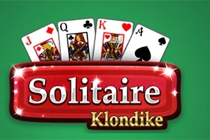 Fire spillekort (Knægt, Dronning, Konge og Es) med teksten Solitaire Klondike på en grøn baggrund