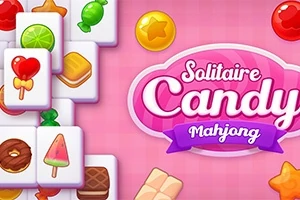 Illustration af mahjong-brikker med forskellige slikmotiver og teksten Solitaire Candy Mahjong på en lyserød baggrund
