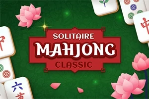 Grøn baggrund med pink lotusblomster og mahjong-brikker omkring en rød titel med teksten Solitaire Mahjong Classic