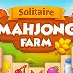Tegninger af gårdtema elementer som frugt, grøntsager og dyr med teksten Mahjong Farm i midten