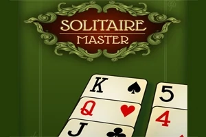 Grøn baggrund med dekorationer, hvor der står Solitaire Master øverst og kortspil nederst med konge, dronning, knægt, fem og fire