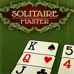 Grøn baggrund med dekorationer, hvor der står Solitaire Master øverst og kortspil nederst med konge, dronning, knægt, fem og fire