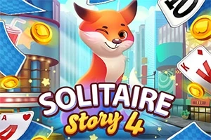 En tegneserieagtig ræv, der blinker, omgivet af spillekort og mønter på en farverig bybaggrund med teksten Solitaire Story 4