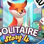 En tegneserieagtig ræv, der blinker, omgivet af spillekort og mønter på en farverig bybaggrund med teksten Solitaire Story 4