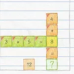 Håndtegnede farvede blokke med tal og matematiktegn er arrangeret i en krydsformet struktur på ternet papir