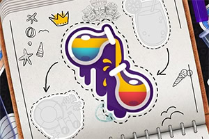 En illustration af et par farvestrålende solbriller med regnbuefarvet glas og lilla stel, omgivet af doodles i en notesbog