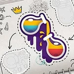 En illustration af et par farvestrålende solbriller med regnbuefarvet glas og lilla stel, omgivet af doodles i en notesbog