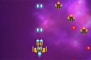 Rumskib skyder mod fjendtlige droner i et lilla kosmos med stjerner