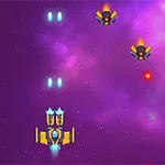 Rumskib skyder mod fjendtlige droner i et lilla kosmos med stjerner