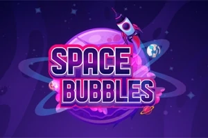 En farverig raket svæver ved en planet i rummet med tekst Space Bubbles i forgrunden