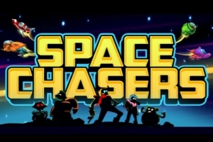 Skyline af farverige rumskibe og silhuetter af karakterer foran teksten Space Chasers i neon-farver