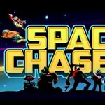 Skyline af farverige rumskibe og silhuetter af karakterer foran teksten Space Chasers i neon-farver