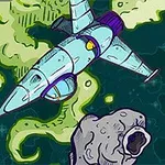 Rumskib flyver gennem en farverig stjernehimmel med asteroider og skyer af grøn kosmisk gas