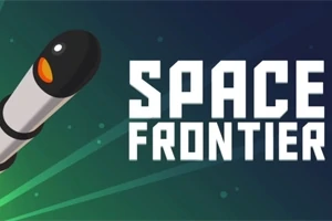 En raket på vej ud i rummet med teksten Space Frontier i hvide bogstaver mod en gradient af blå og grøn baggrund