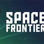 En raket på vej ud i rummet med teksten Space Frontier i hvide bogstaver mod en gradient af blå og grøn baggrund