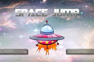 UFO med stjerner og ild under sig i rummet med teksten SPACE JUMP øverst