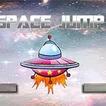 UFO med stjerner og ild under sig i rummet med teksten SPACE JUMP øverst