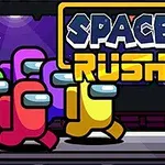 Farverige figurer i rumdragter løber mod højre under en nattehimmel, og teksten Space Rush vises øverst i billedet