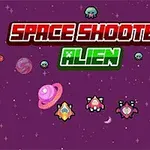 Pixelgrafik af rummet med rumskibe, planeter og teksten Space Shooter Alien