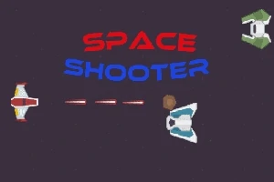 Rumskibe i kamp skyder mod hinanden under teksten Space Shooter på en mørk baggrund