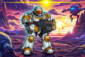 En pansret soldat i futuristisk rustning skyder med et stort våben på en farverig alien planet med robotter og bjerge i baggrunden