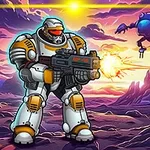 En pansret soldat i futuristisk rustning skyder med et stort våben på en farverig alien planet med robotter og bjerge i baggrunden