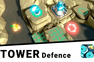 Luftbillede af et strategisk spilområde med forskellige tårne placeret på klippeformationer og digital tekst Tower Defence nederst