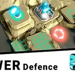 Luftbillede af et strategisk spilområde med forskellige tårne placeret på klippeformationer og digital tekst Tower Defence nederst
