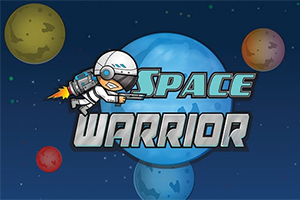 En astronaut med en jetpack flyver foran planeter mod en stjernehimmel med teksten Space Warrior