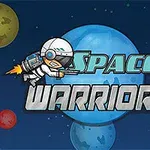 En astronaut med en jetpack flyver foran planeter mod en stjernehimmel med teksten Space Warrior