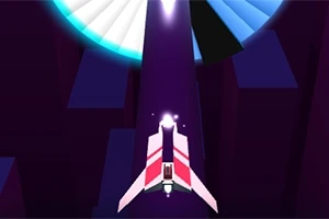Et rumskib med røde og hvide striber flyver mod en lysende tunnel i et futuristisk, mørkt miljø