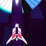 Et rumskib med røde og hvide striber flyver mod en lysende tunnel i et futuristisk, mørkt miljø