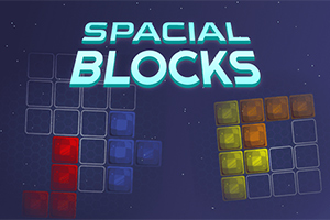 Blå, røde og gule blokke arrangeret i et rutenet med teksten Spacial Blocks øverst på en mørk baggrund