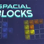 Blå, røde og gule blokke arrangeret i et rutenet med teksten Spacial Blocks øverst på en mørk baggrund